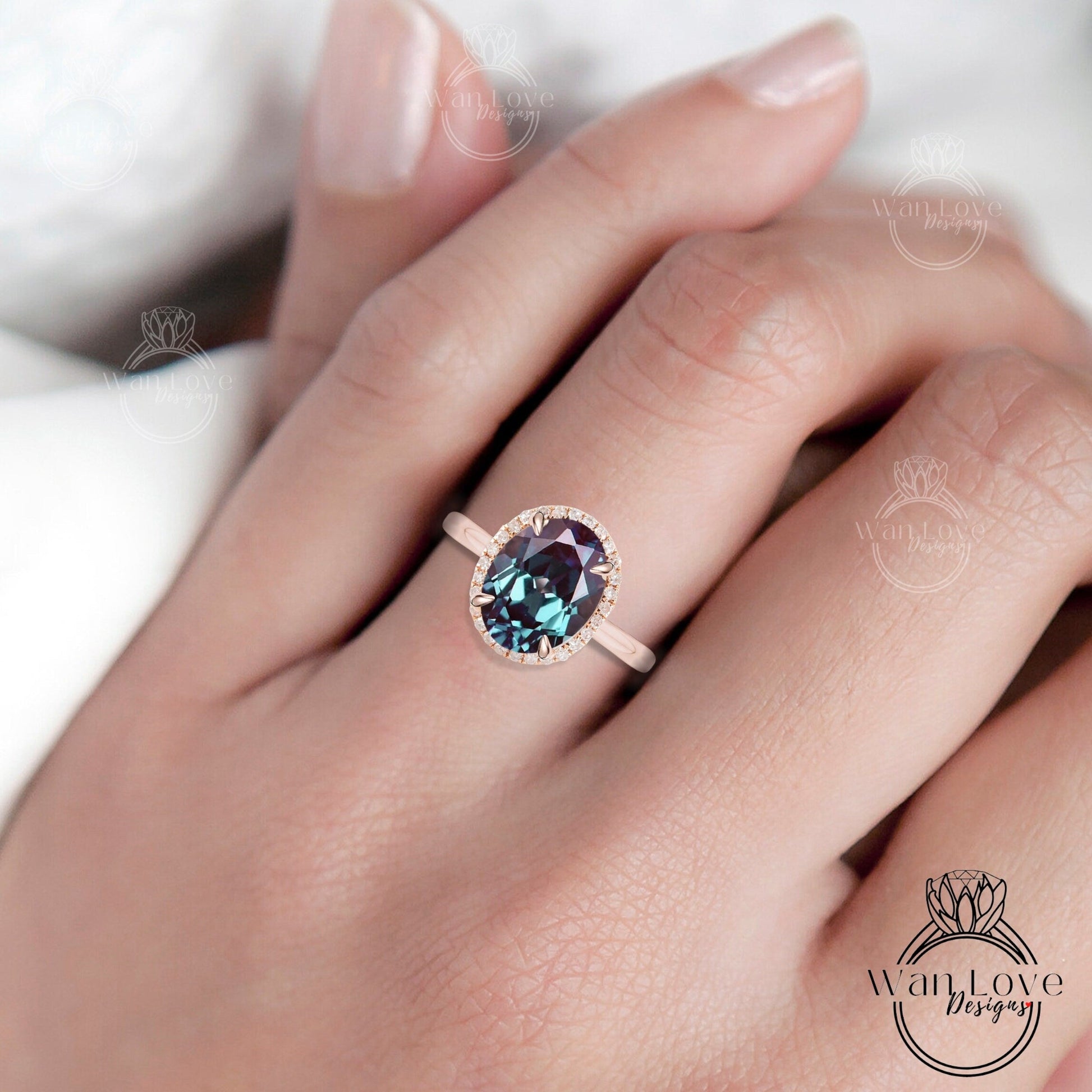 Oval cut Alexandrite engagement ring rose gold halo ring diamond halo tapered plain thin dainty band art deco anniversary promise ring Wan Love Designs