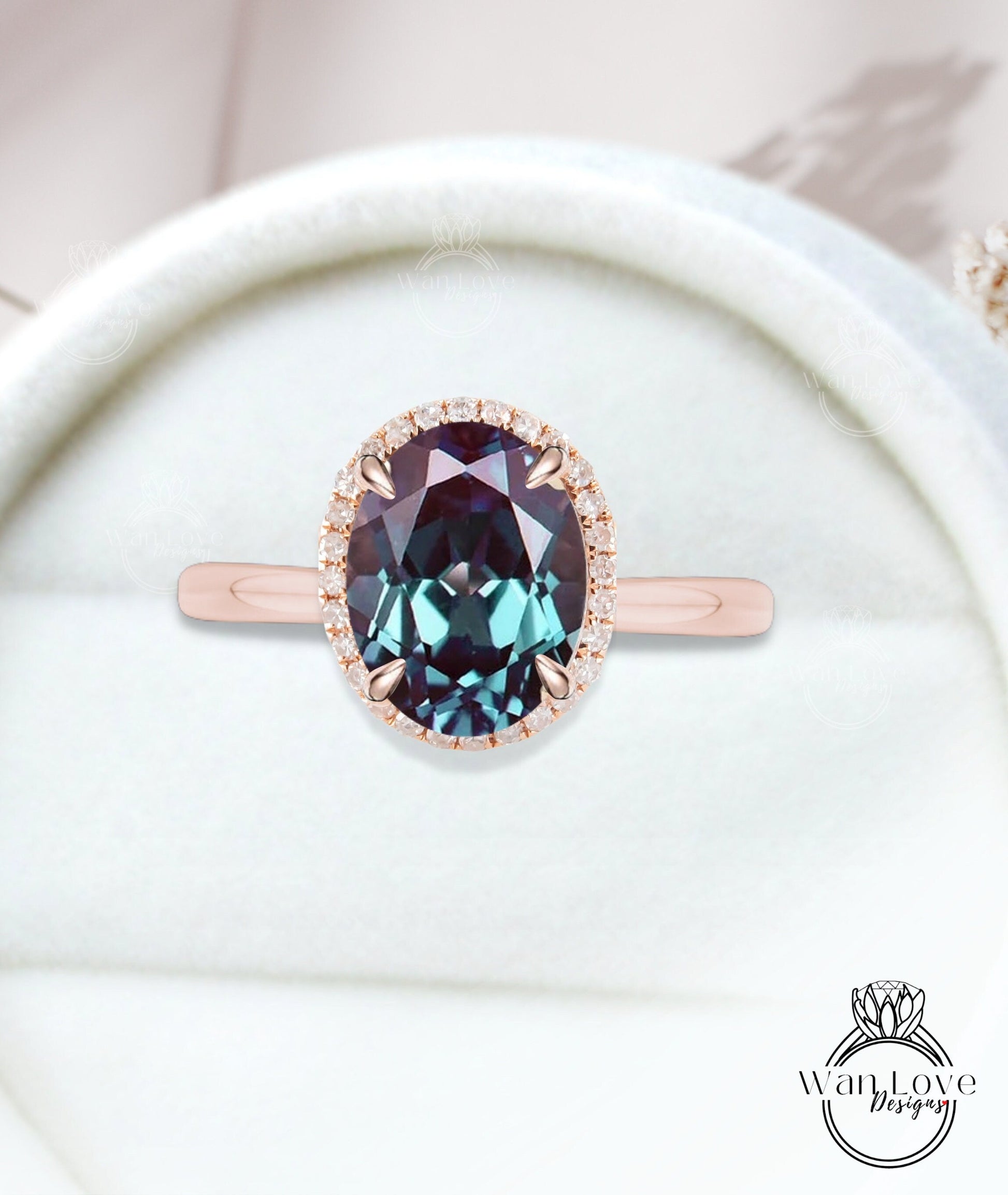 Oval cut Alexandrite engagement ring rose gold halo ring diamond halo tapered plain thin dainty band art deco anniversary promise ring Wan Love Designs