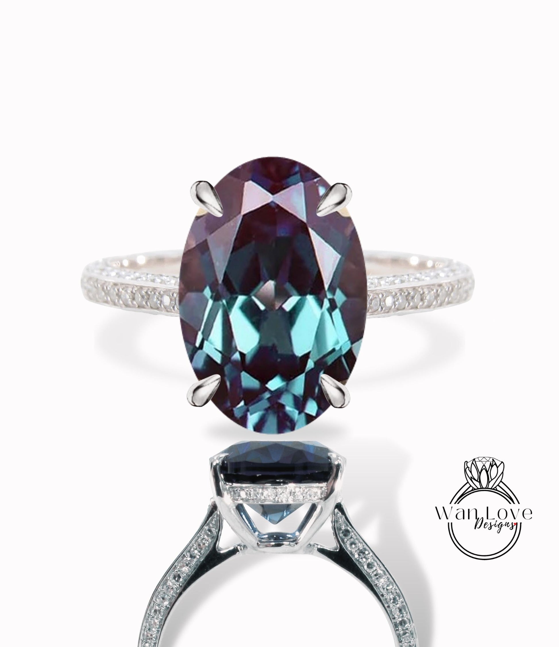 Oval cut Alexandrite engagement ring side halo vintage diamond ring moissanite ring rose gold ring art deco ring promise anniversary ring Wan Love Designs