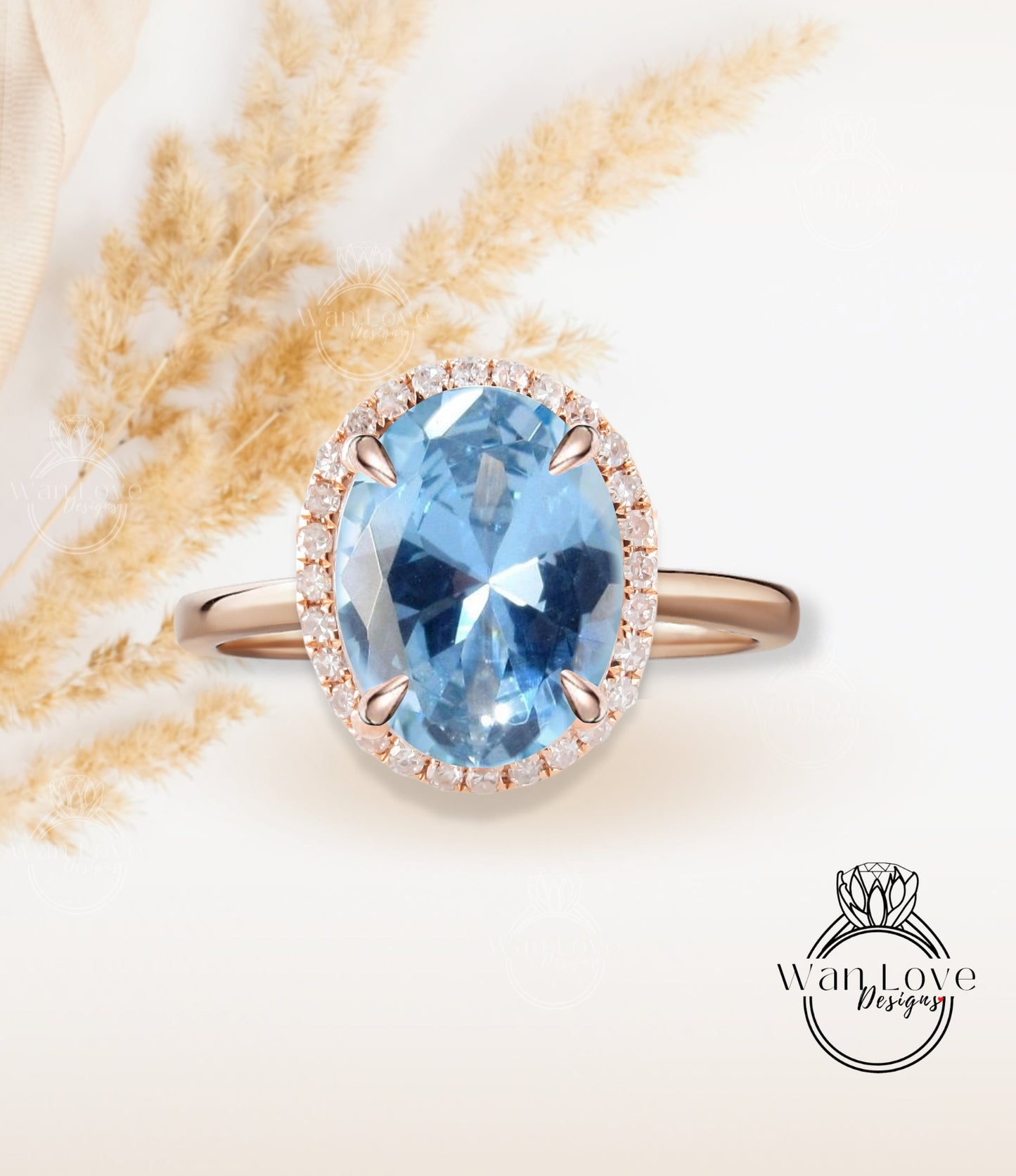 Oval cut Aquamarine Blue Spinel engagement ring rose gold halo ring diamond halo tapered plain thin dainty band art deco anniversary promise ring Wan Love Designs