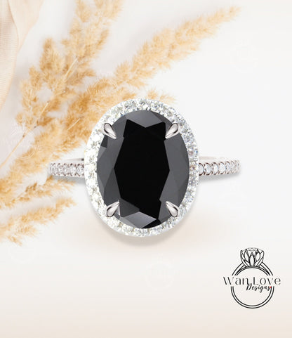 Oval cut Black Spinel engagement ring art deco ring halo moissanite/diamond ring vintage rose gold half eternity anniversary bridal ring Wan Love Designs