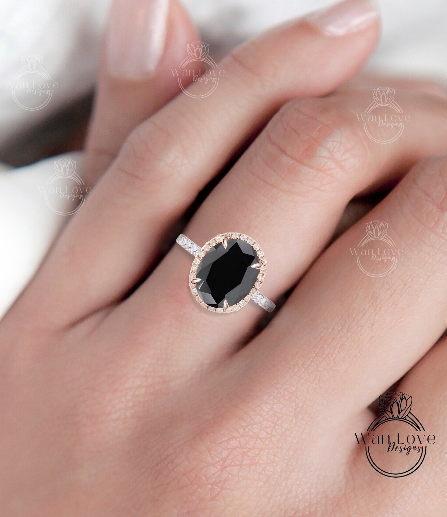 Oval cut Black Spinel engagement ring art deco ring halo moissanite/diamond ring vintage rose gold half eternity anniversary bridal ring Wan Love Designs