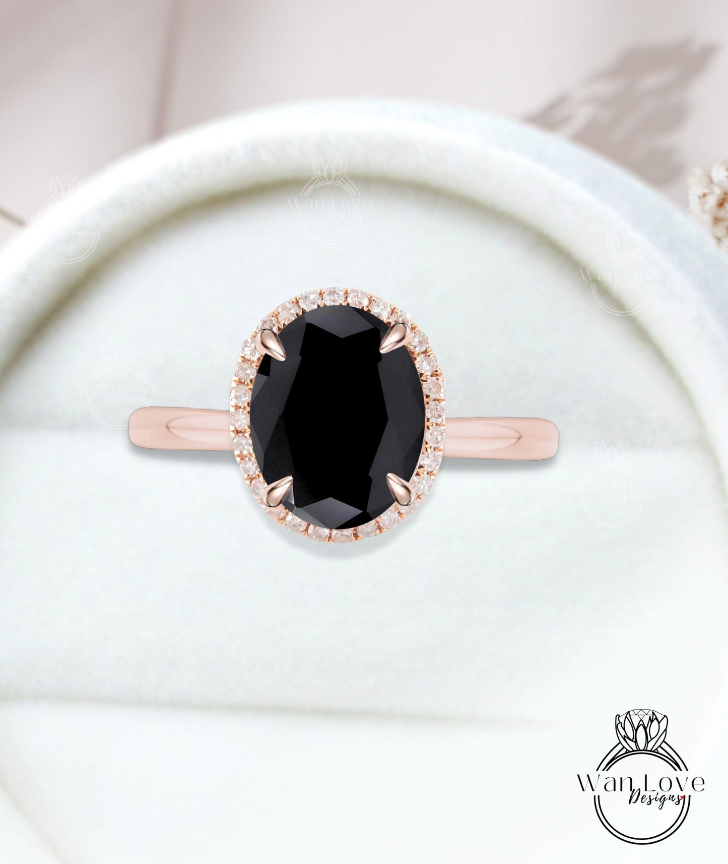 Oval cut Black Spinel engagement ring rose gold halo ring diamond halo tapered plain thin dainty band art deco anniversary promise ring Wan Love Designs