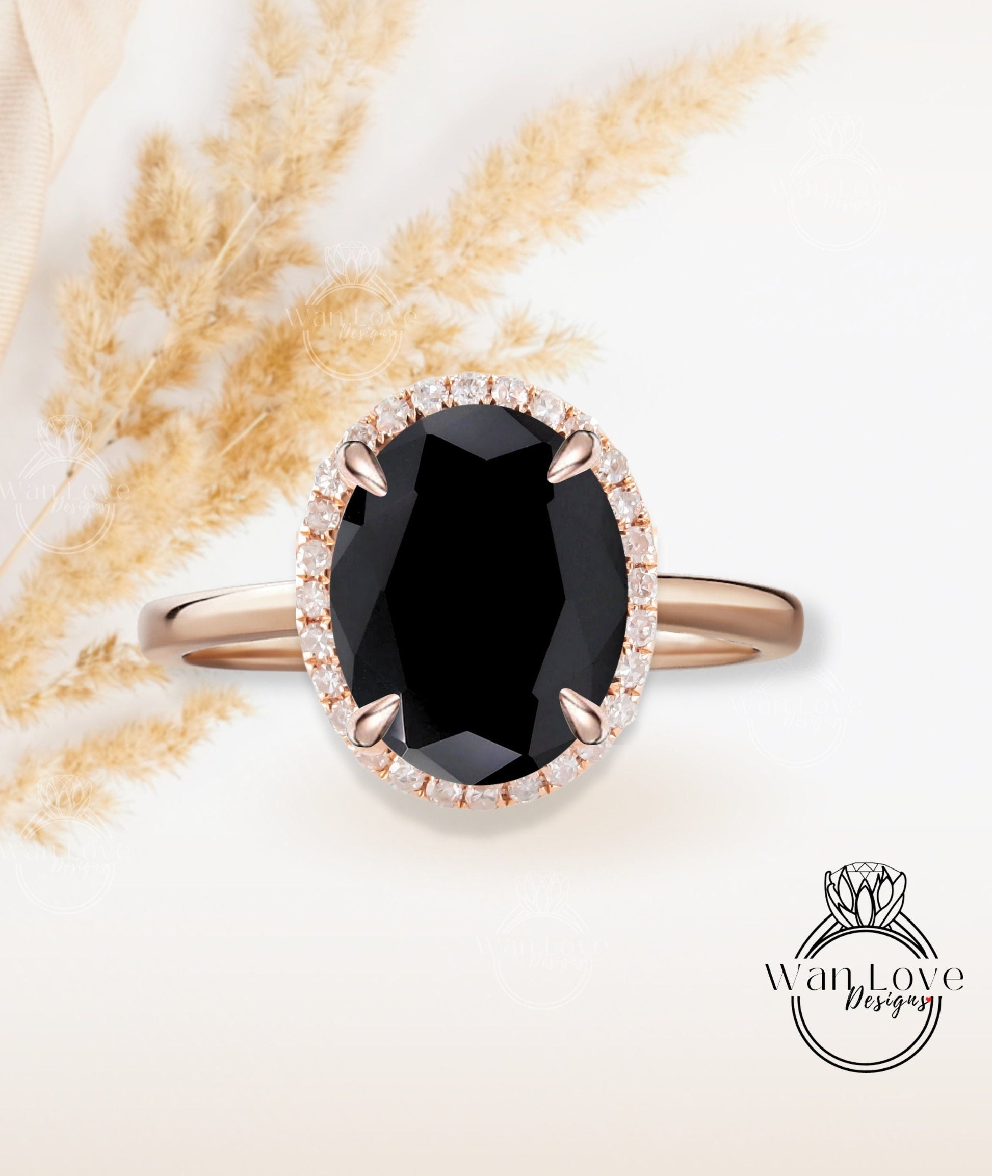 Oval cut Black Spinel engagement ring rose gold halo ring diamond halo tapered plain thin dainty band art deco anniversary promise ring Wan Love Designs