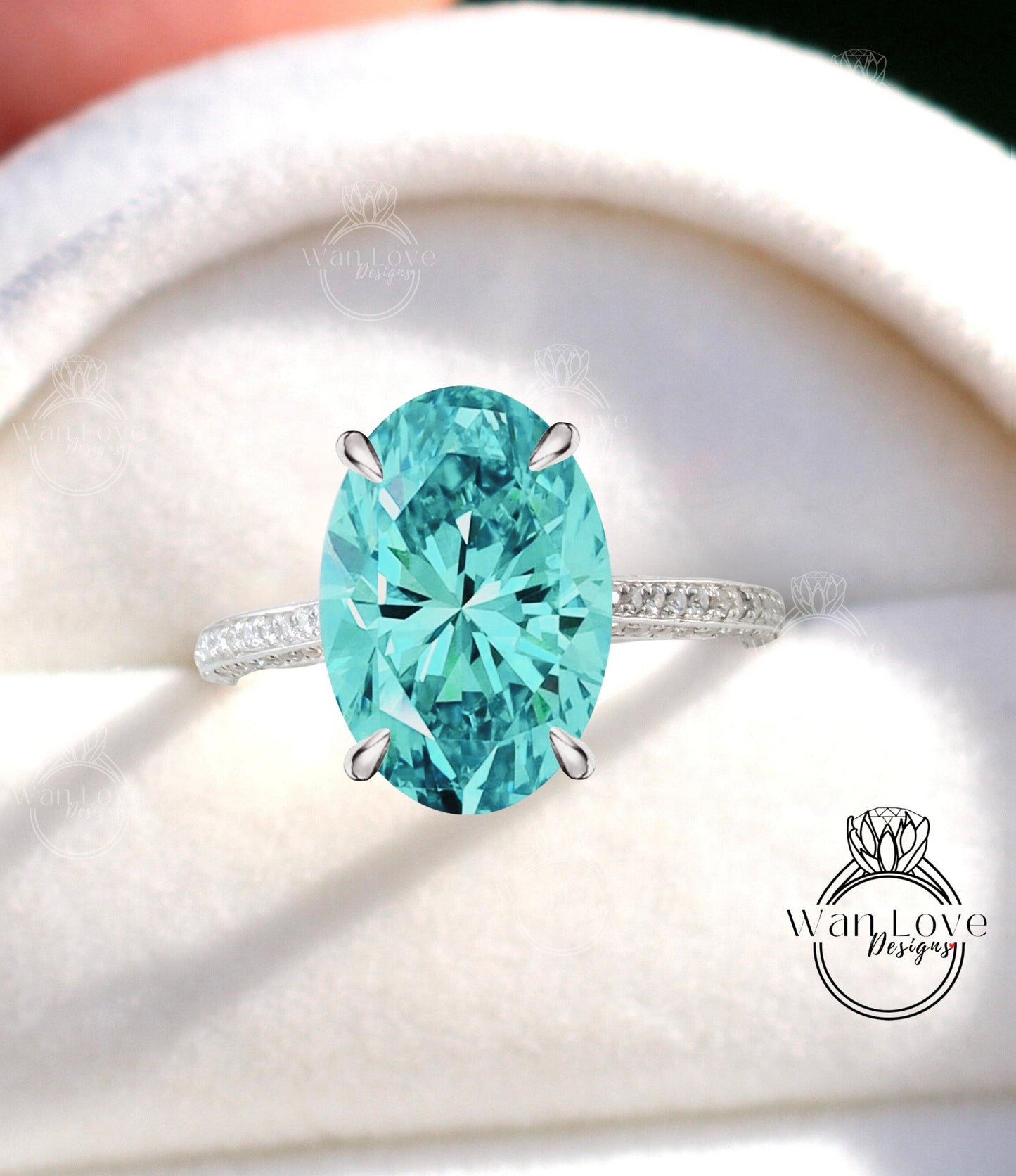 Oval cut Blue Green Moissanite engagement ring side halo vintage diamond ring moissanite ring rose gold ring art deco ring anniversary ring Wan Love Designs