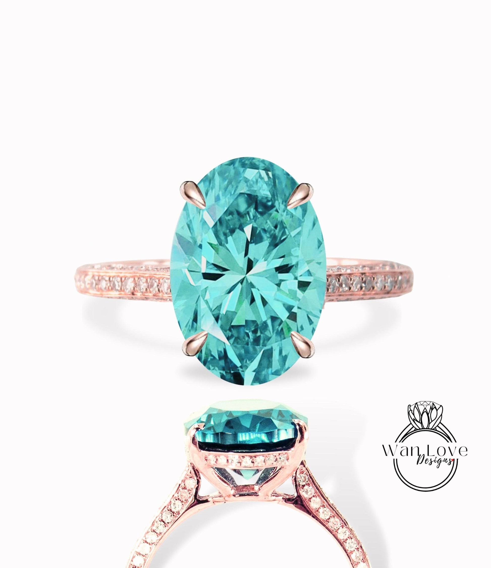 Oval cut Blue Green Moissanite engagement ring side halo vintage diamond ring moissanite ring rose gold ring art deco ring anniversary ring Wan Love Designs