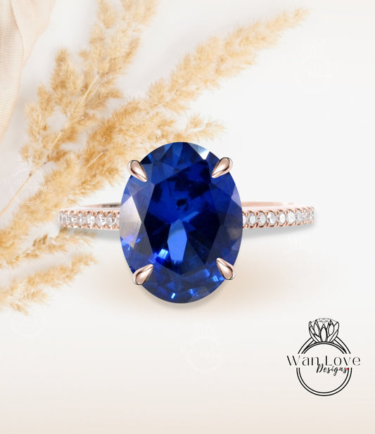 Oval cut Blue Sapphire Color engagement ring rose gold half eternity diamond band art deco bridal wedding anniversary ring promise ring Wan Love Designs