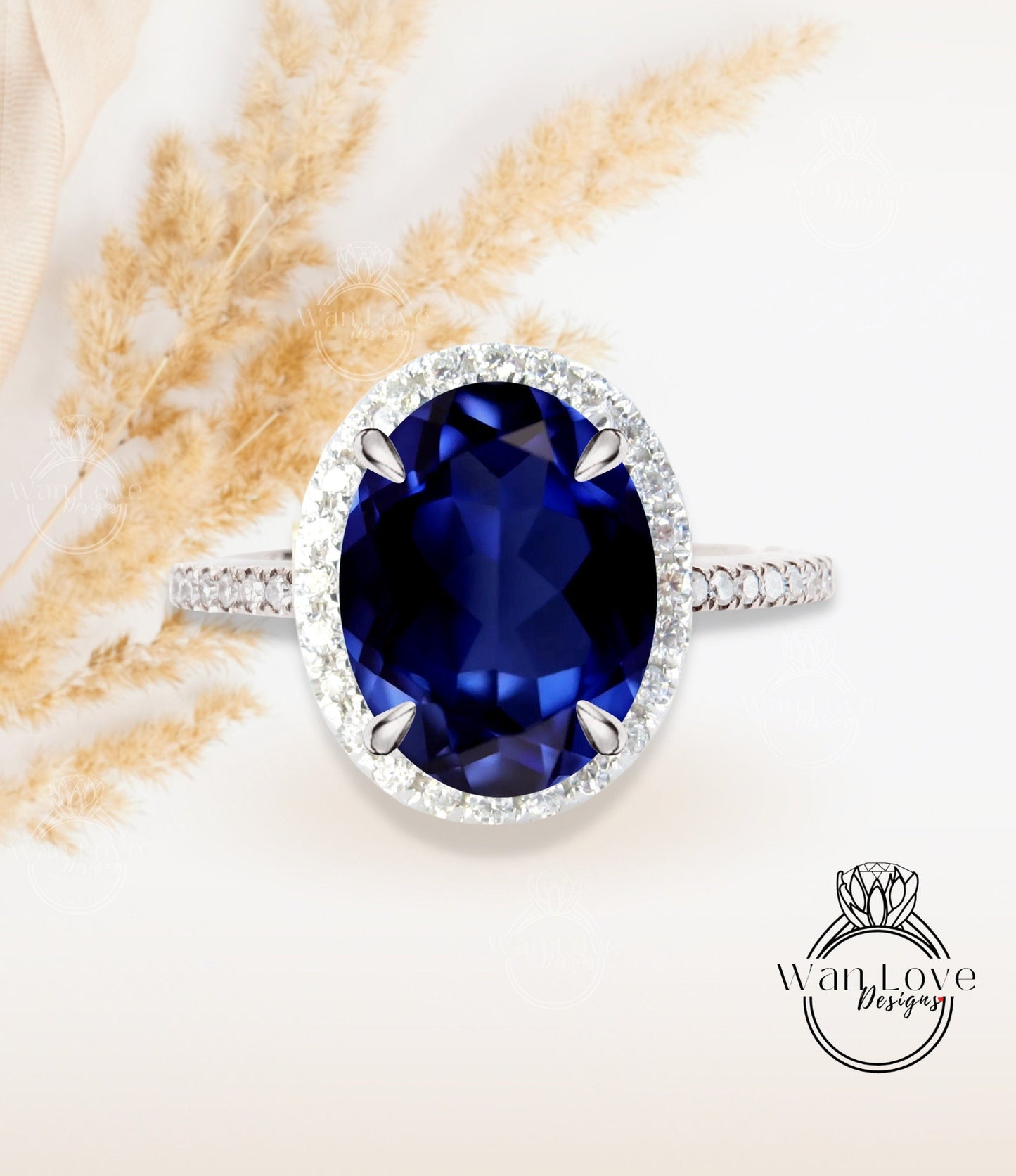 Oval cut Blue Sapphire engagement ring art deco ring halo moissanite/diamond ring vintage rose gold half eternity anniversary bridal ring Wan Love Designs