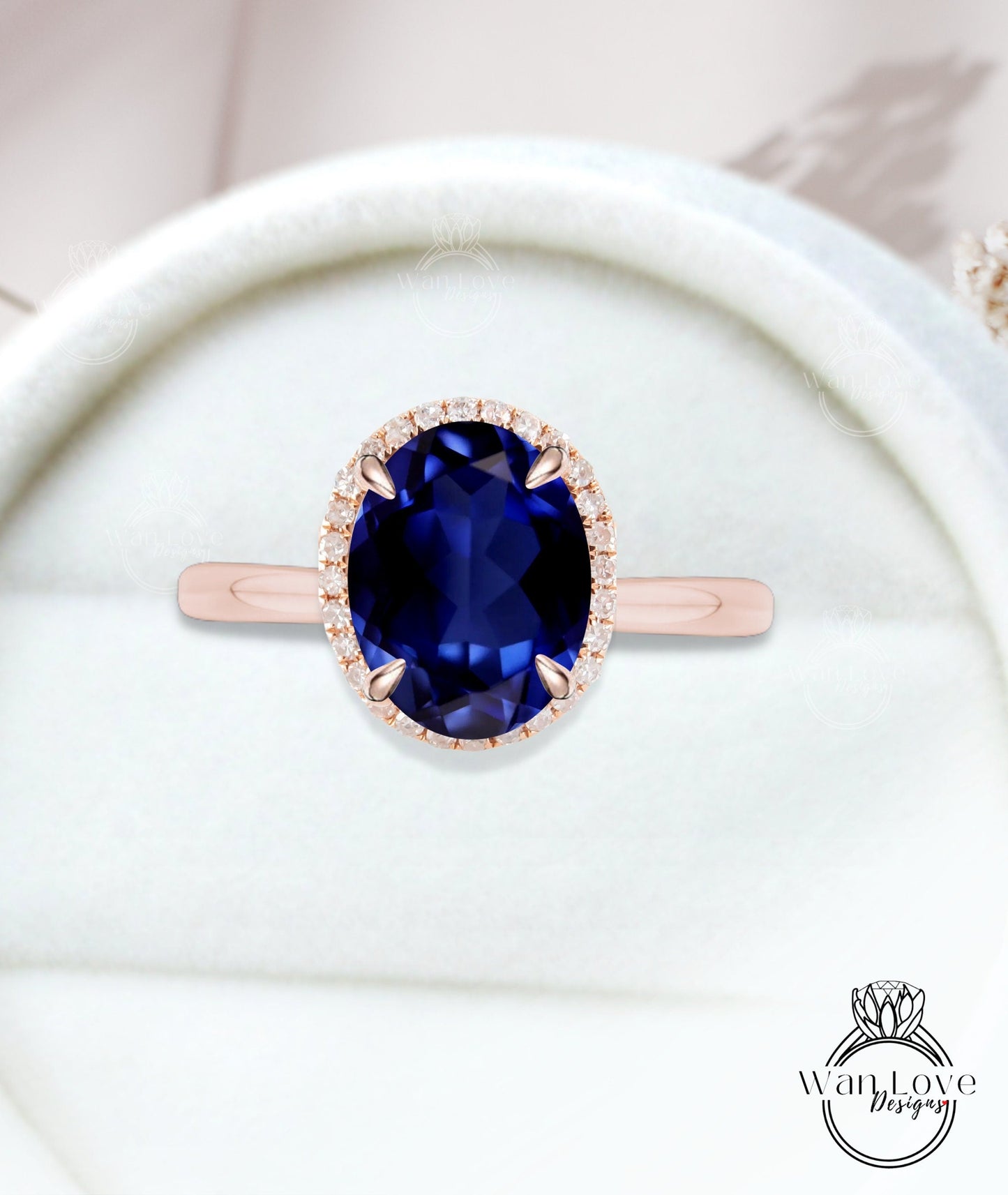 Oval cut Blue Sapphire engagement ring rose gold halo ring diamond halo tapered plain thin dainty band art deco anniversary promise ring Wan Love Designs
