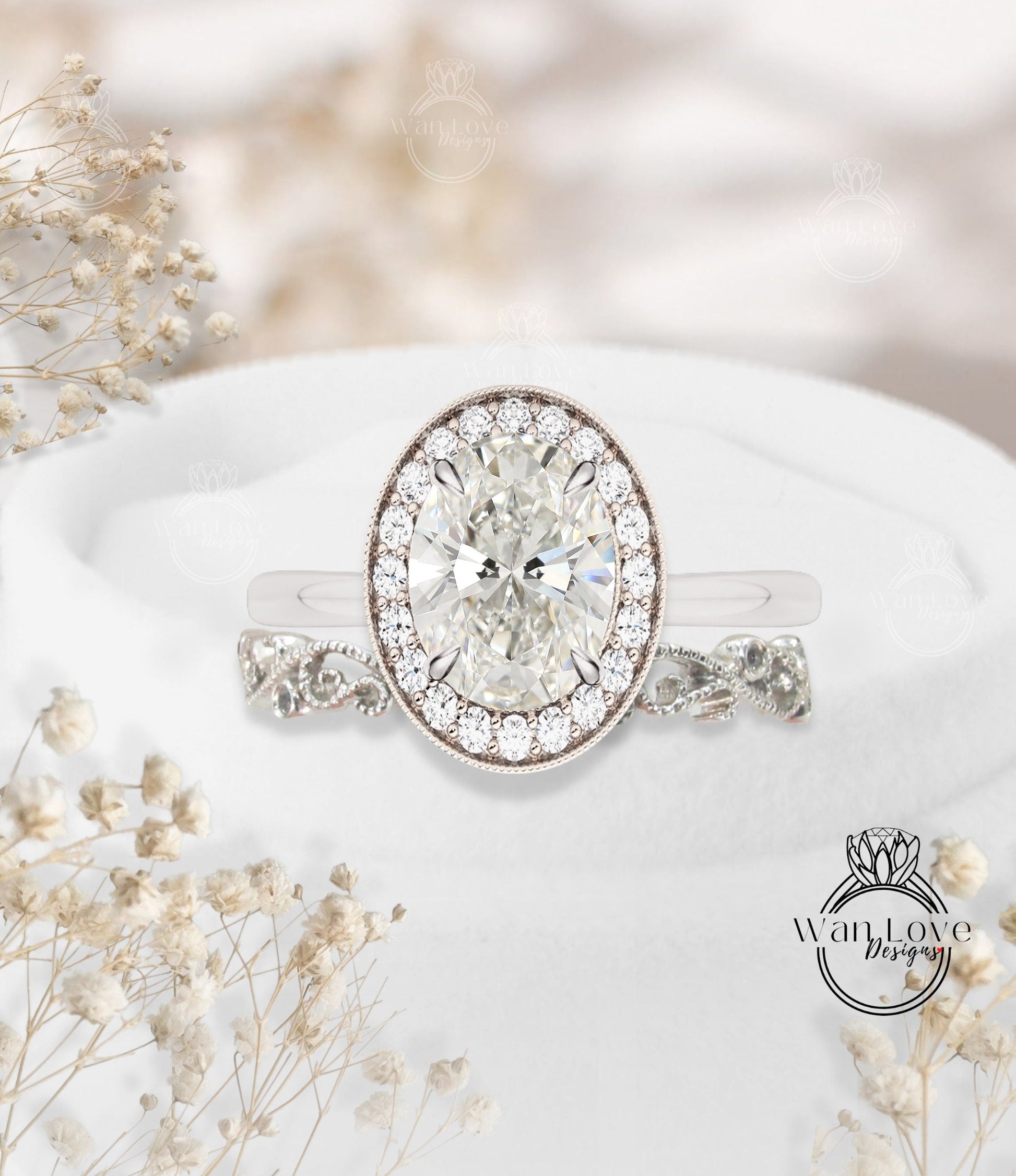 Oval cut Diamond engagement ring set rose gold milgrain halo ring lab diamond halo vintage dainty band art deco anniversary wedding ring Wan Love Designs