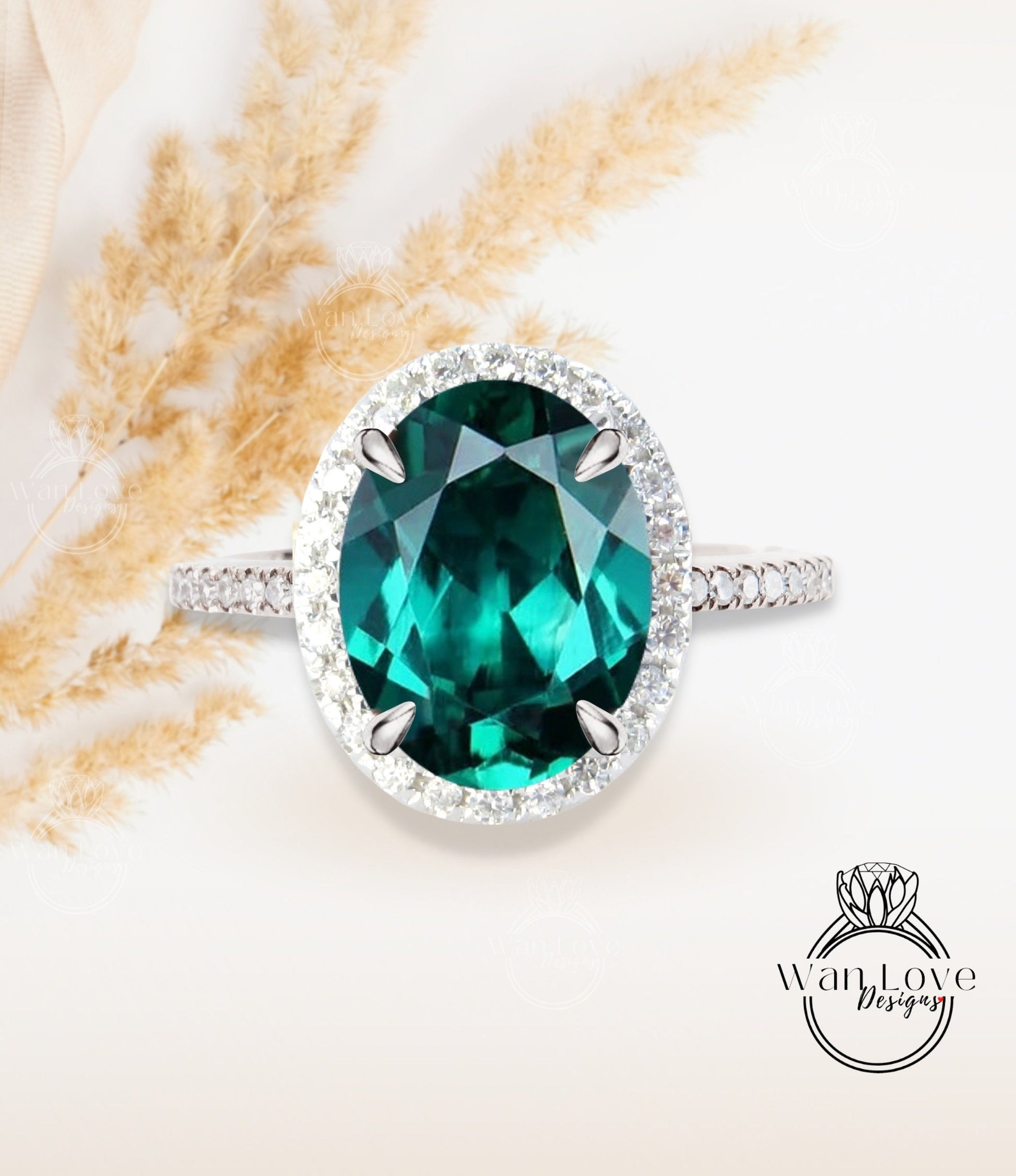 Oval cut Emerald engagement ring art deco ring halo moissanite/diamond ring vintage rose gold half eternity anniversary bridal ring Wan Love Designs