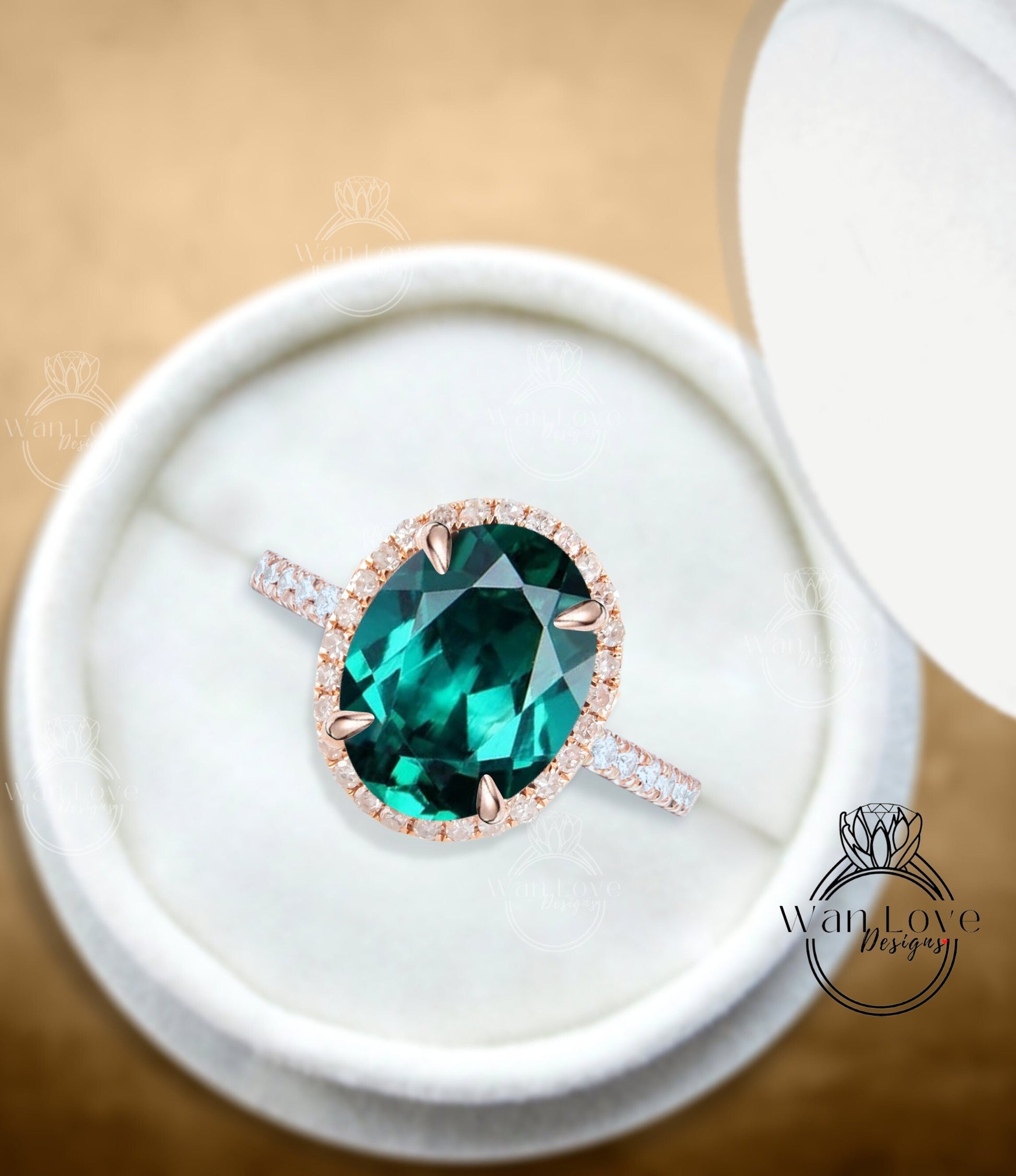 Oval cut Emerald engagement ring art deco ring halo moissanite/diamond ring vintage rose gold half eternity anniversary bridal ring Wan Love Designs
