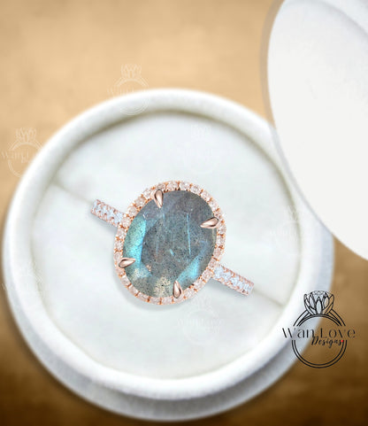 Oval cut Labradorite engagement ring art deco ring halo moissanite/diamond ring vintage rose gold half eternity anniversary bridal ring Wan Love Designs