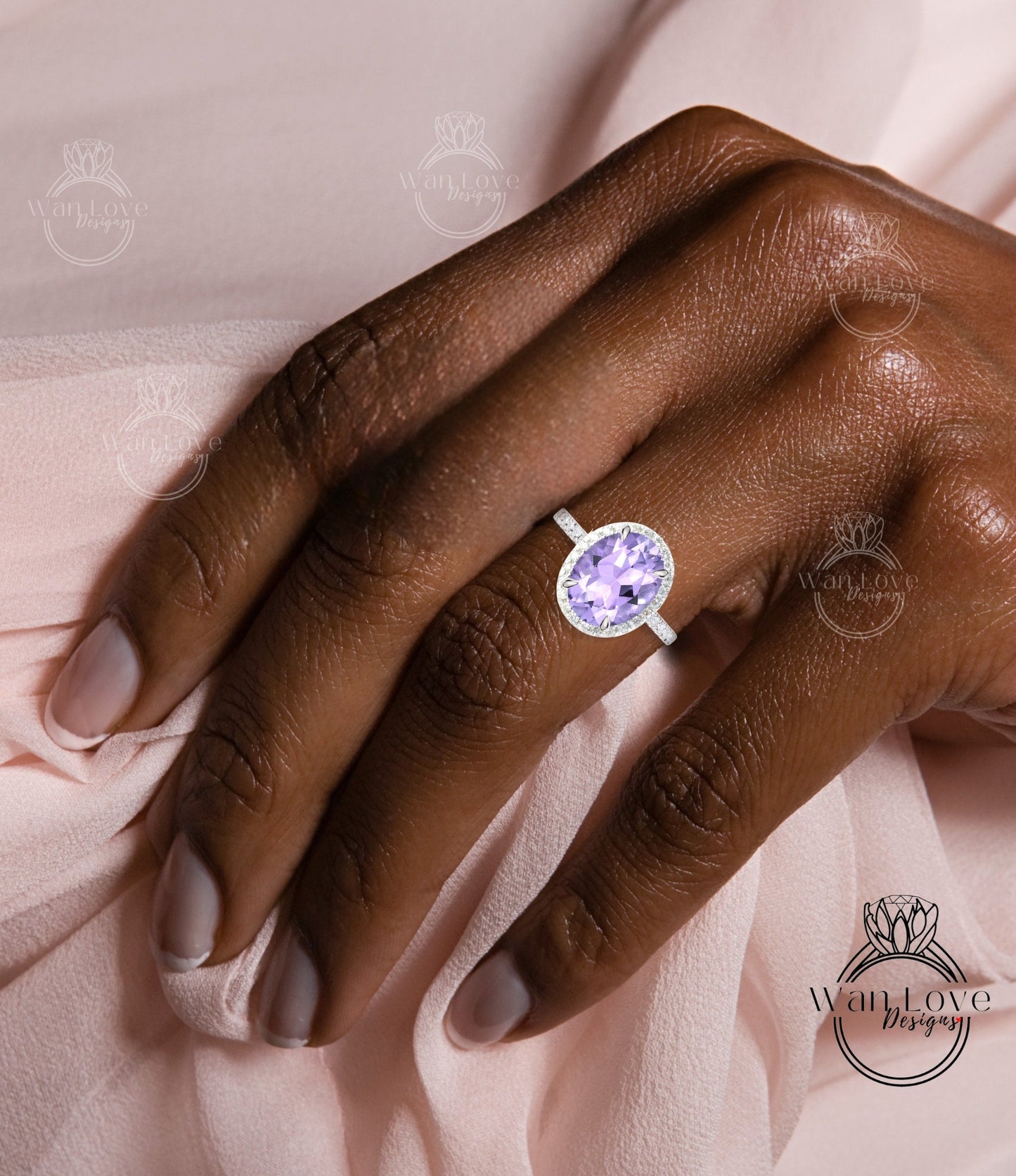 Oval cut Lavender Amethyst engagement ring art deco ring halo moissanite/diamond ring vintage rose gold half eternity aniversary bridal ring Wan Love Designs