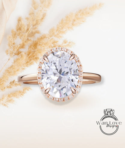 Oval cut Moissanite engagement ring rose gold halo ring diamond halo tapered plain thin dainty band art deco anniversary promise ring Wan Love Designs