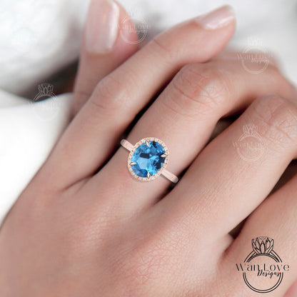 Oval cut Ocean Blue Spinel engagement ring rose gold halo ring diamond halo tapered plain thin dainty band art deco anniversary promise ring Wan Love Designs