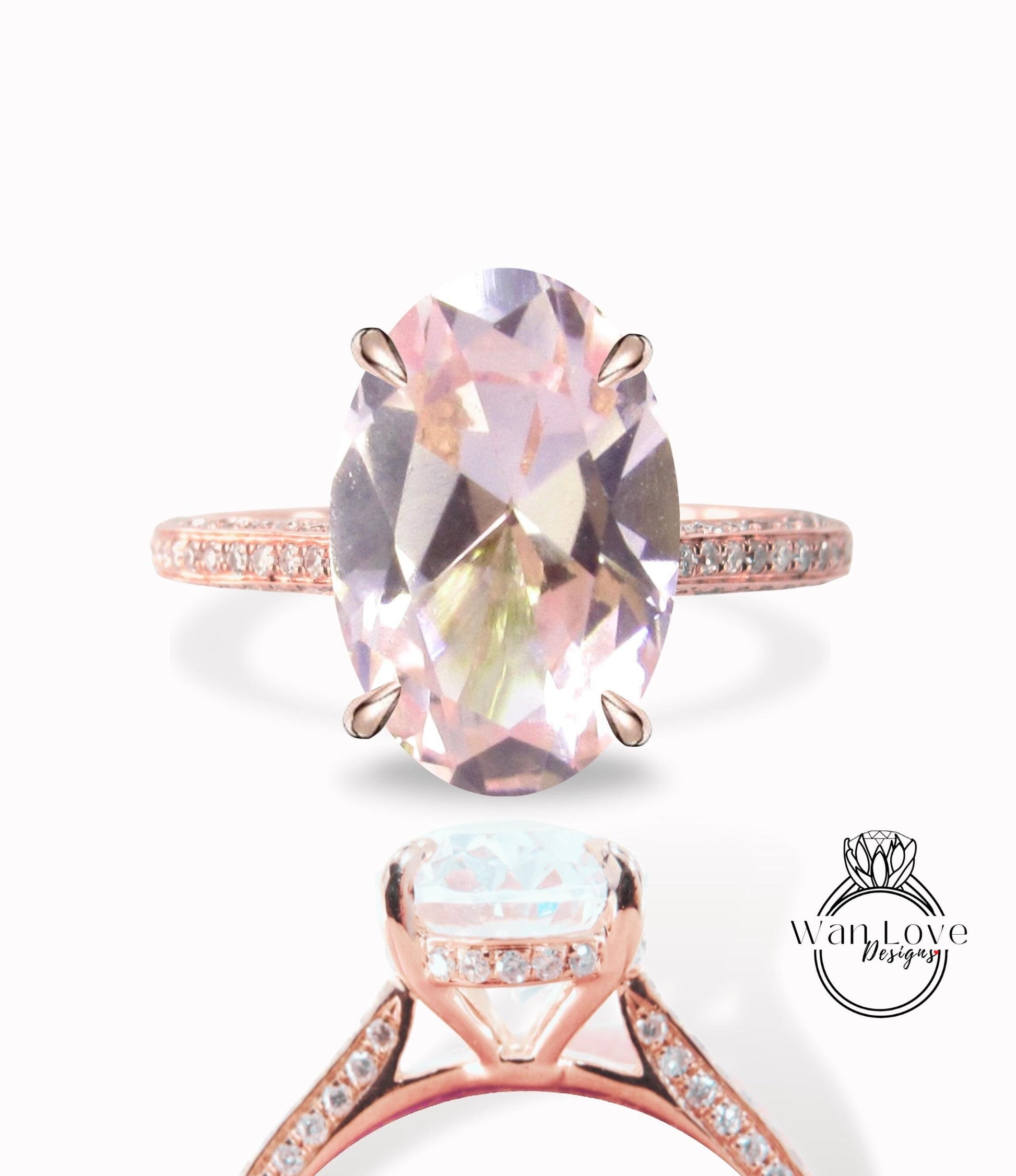 Oval cut Peach Sapphire engagement ring side halo vintage diamond ring moissanite ring rose gold ring art deco ring promise anniversary ring Wan Love Designs