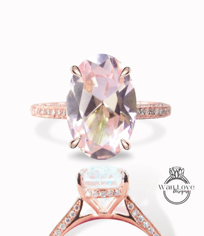 Oval cut Peach Sapphire engagement ring side halo vintage diamond ring moissanite ring rose gold ring art deco ring promise anniversary ring Wan Love Designs