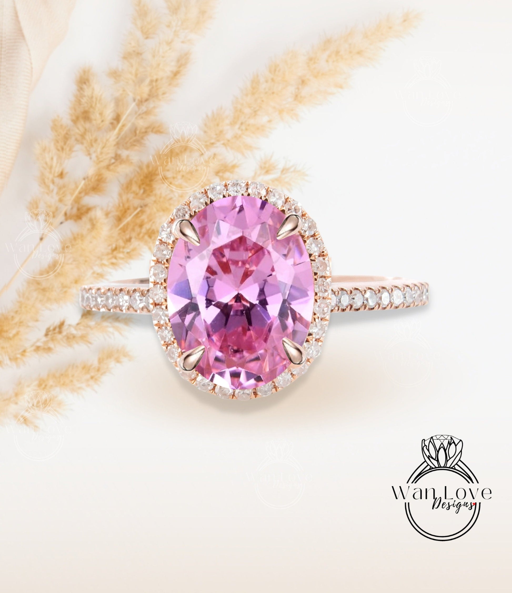 Oval cut Pink Sapphire engagement ring art deco ring halo moissanite/diamond ring vintage rose gold half eternity anniversary bridal ring Wan Love Designs
