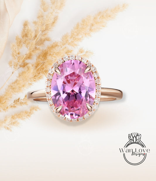 Oval cut Pink Sapphire engagement ring rose gold halo ring diamond halo tapered plain thin dainty band art deco anniversary promise ring Wan Love Designs