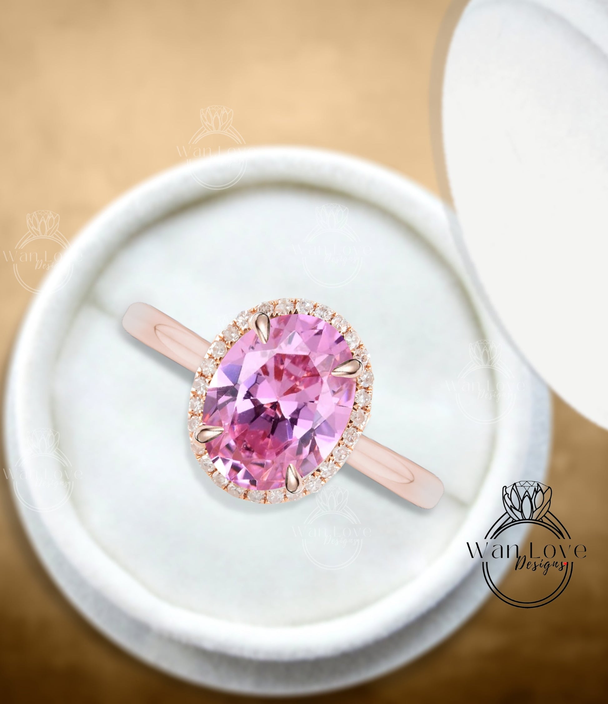 Oval cut Pink Sapphire engagement ring rose gold halo ring diamond halo tapered plain thin dainty band art deco anniversary promise ring Wan Love Designs