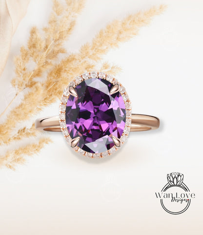 Oval cut Purple Sapphire Alexandrite Color engagement ring rose gold diamond halo ring tapered plain thin dainty band art deco promise ring Wan Love Designs