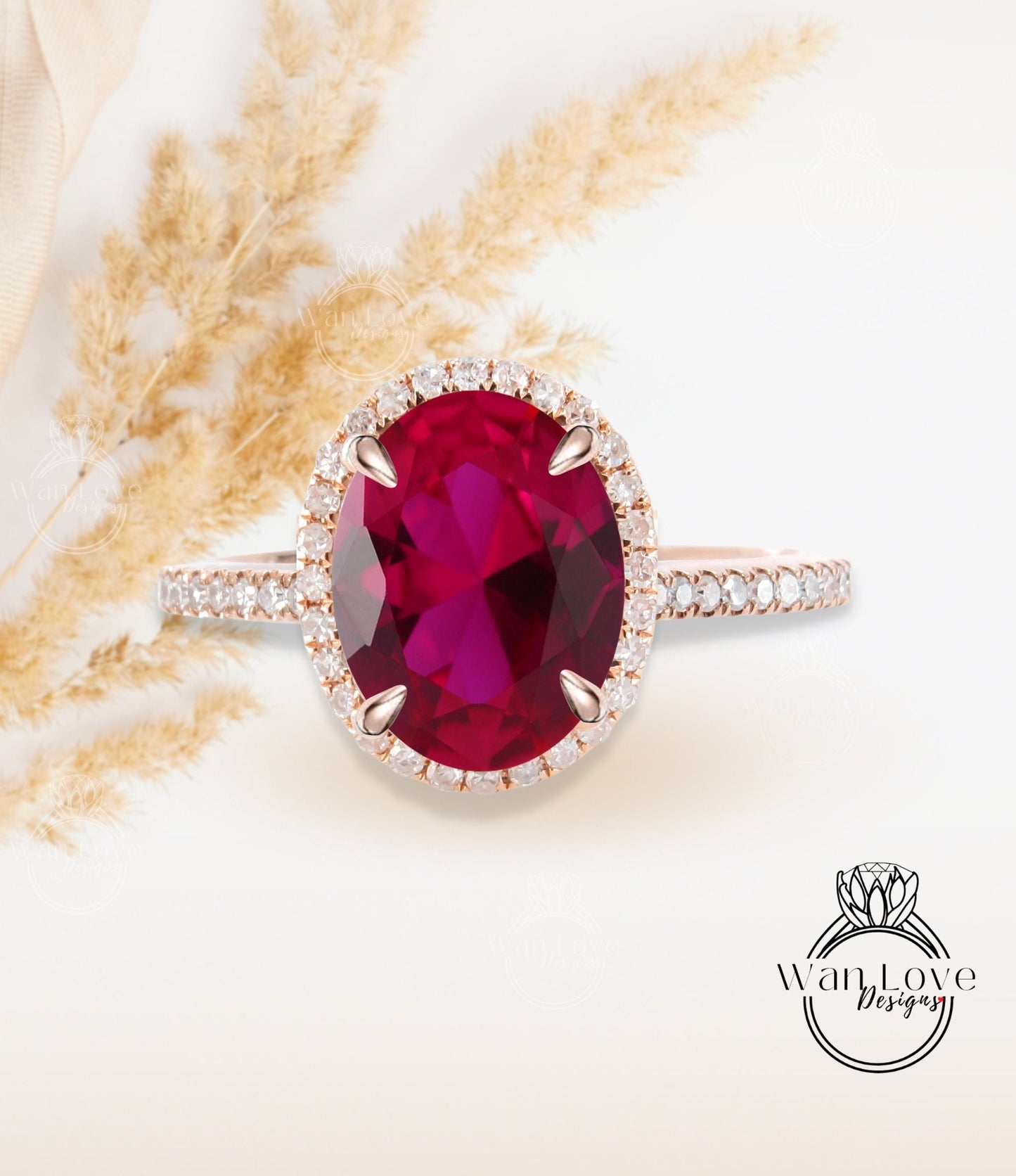 Oval cut Ruby engagement ring art deco ring halo moissanite/diamond ring vintage rose gold half eternity unique anniversary bridal ring Wan Love Designs