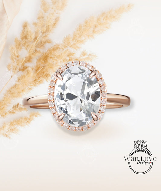 Oval cut White Sapphire engagement ring rose gold halo ring diamond halo tapered plain thin dainty band art deco anniversary promise ring Wan Love Designs