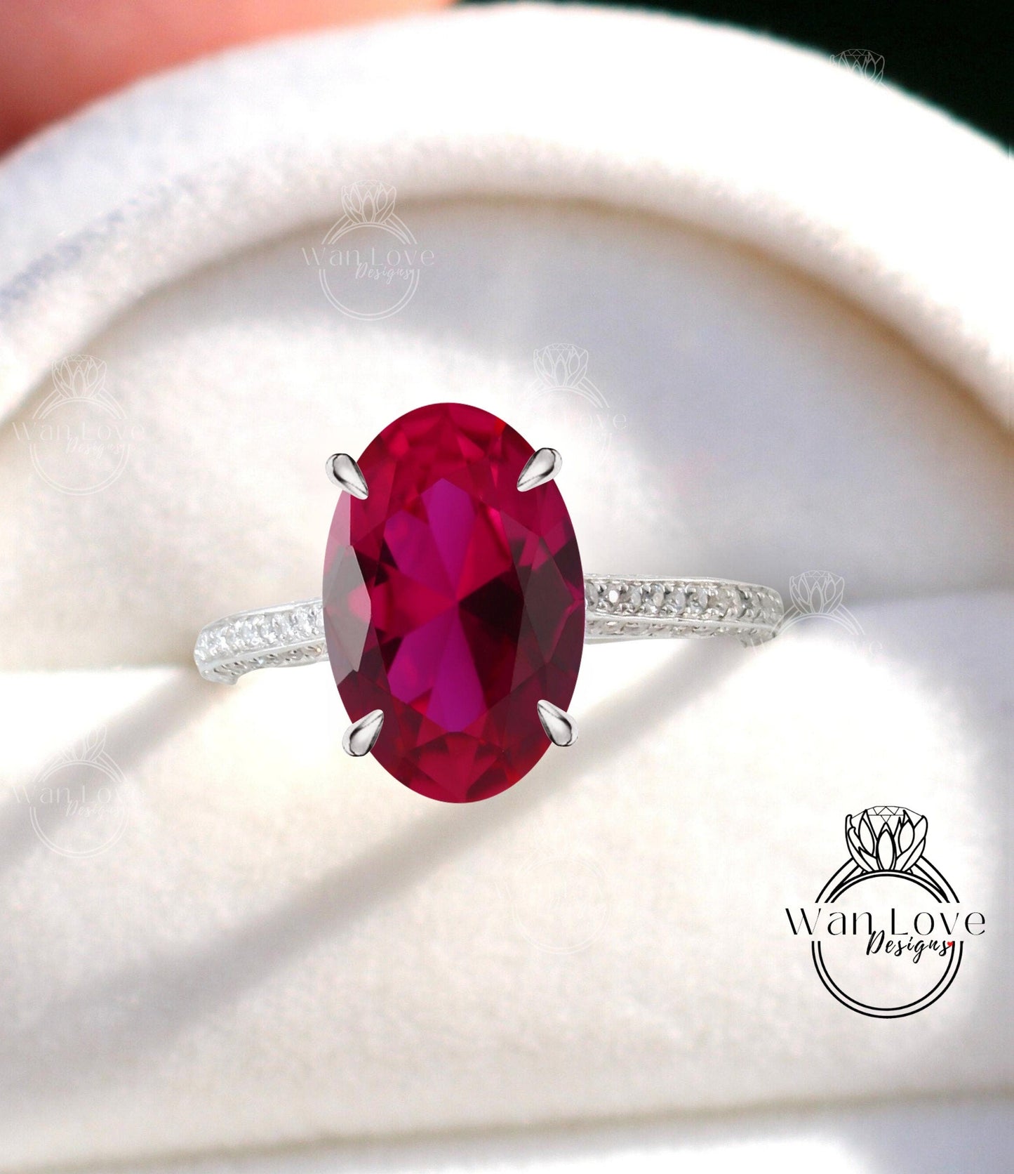 Oval cut ruby engagement ring side halo ring vintage diamond ring moissanite ring rose gold ring art deco ring promise ring anniversary ring Wan Love Designs