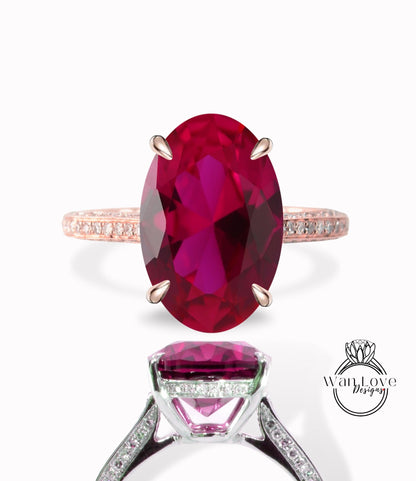 Oval cut ruby engagement ring side halo ring vintage diamond ring moissanite ring rose gold ring art deco ring promise ring anniversary ring Wan Love Designs