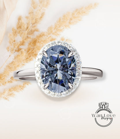 Oval halo Moissanite diamond Engagement Ring, Vintage 14K 18K Rose Gold Art Deco Oval Gray moissanite diamond halo ring, wedding Bridal ring Wan Love Designs