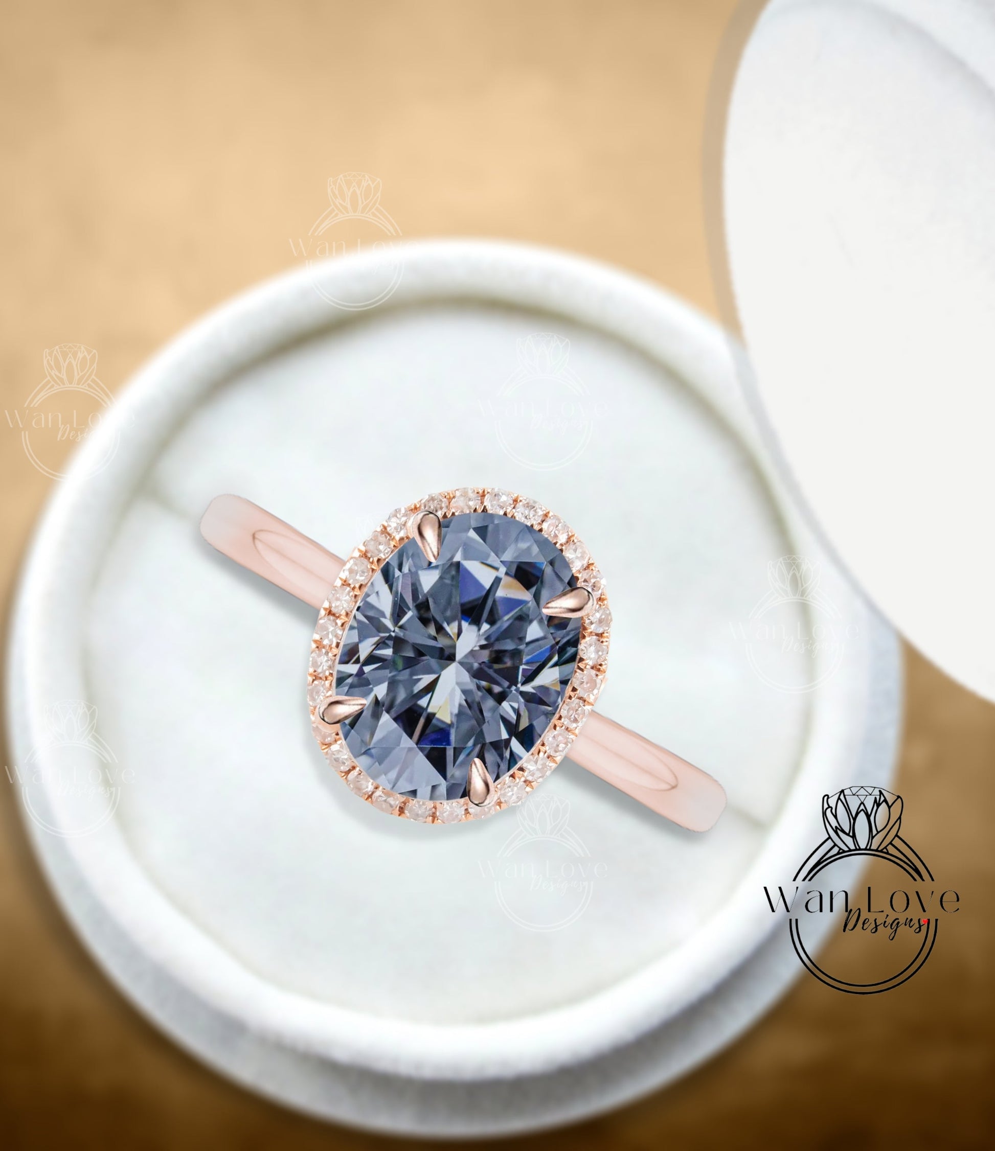 Oval halo Moissanite diamond Engagement Ring, Vintage 14K 18K Rose Gold Art Deco Oval Gray moissanite diamond halo ring, wedding Bridal ring Wan Love Designs