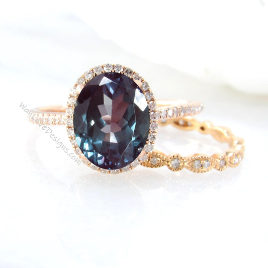 Oval shaped Alexandrite Diamond engagement ring set rose gold Halo Unique engagement ring women vintage Half eternity leaf wedding band Wan Love Designs