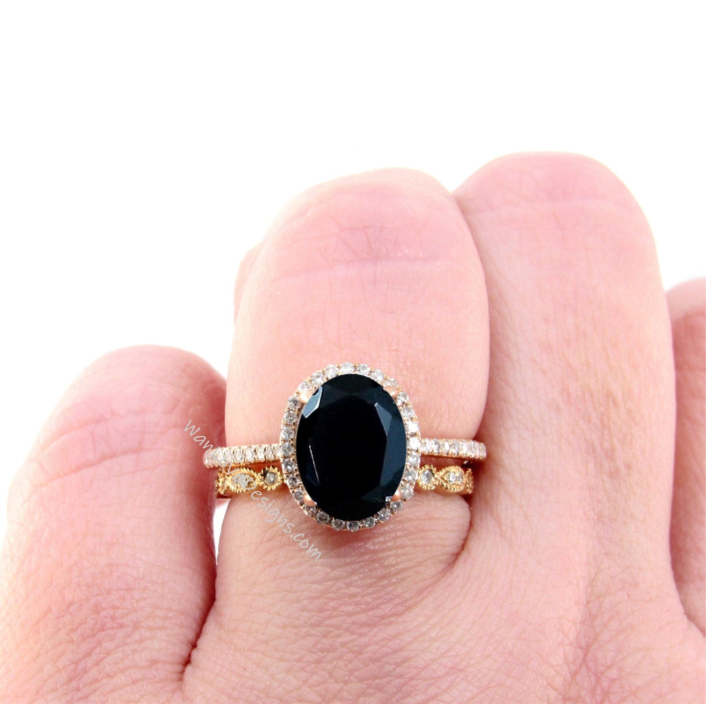 Oval shaped Black Spinel Diamond engagement ring set rose gold Halo Unique engagement ring women vintage Half eternity leaf wedding band Wan Love Designs