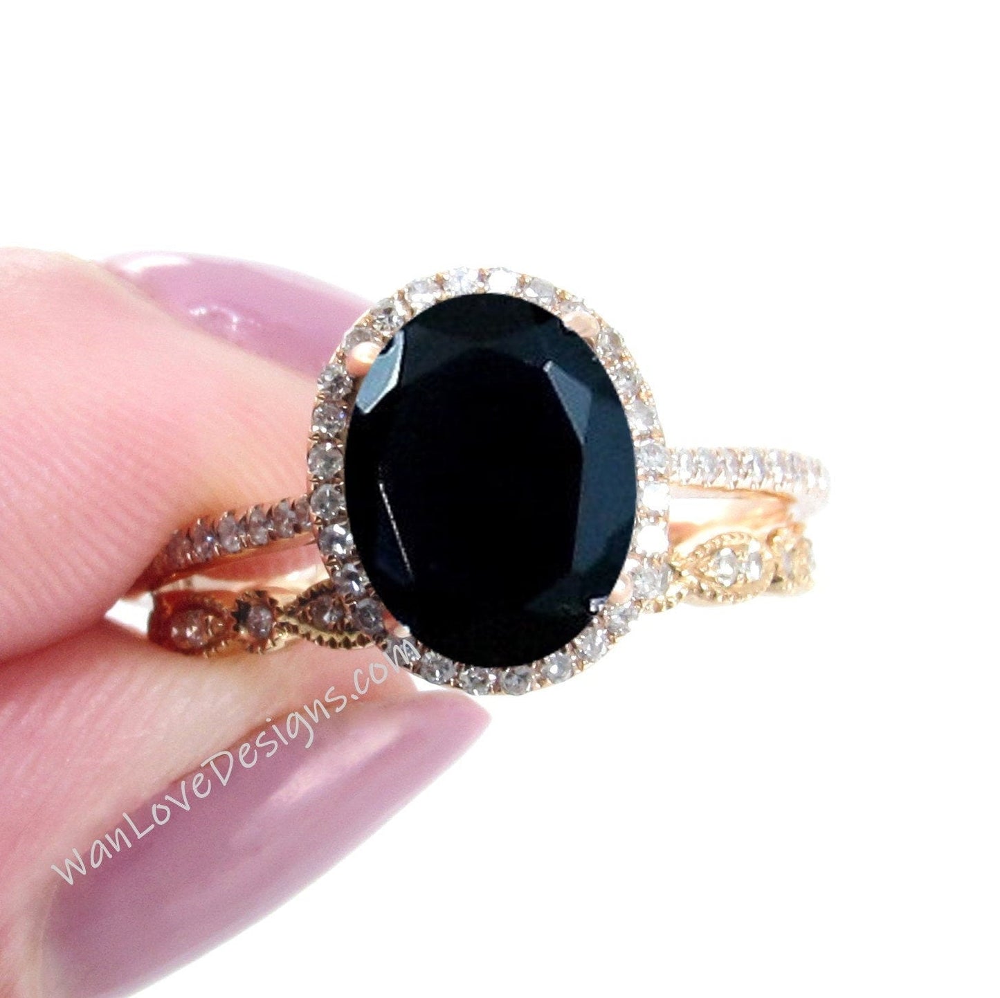 Oval shaped Black Spinel Diamond engagement ring set rose gold Halo Unique engagement ring women vintage Half eternity leaf wedding band Wan Love Designs