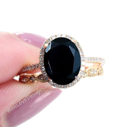 Oval shaped Black Spinel Diamond engagement ring set rose gold Halo Unique engagement ring women vintage Half eternity leaf wedding band Wan Love Designs