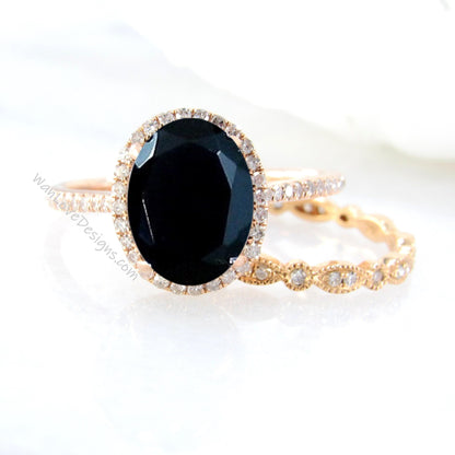 Oval shaped Black Spinel Diamond engagement ring set rose gold Halo Unique engagement ring women vintage Half eternity leaf wedding band Wan Love Designs