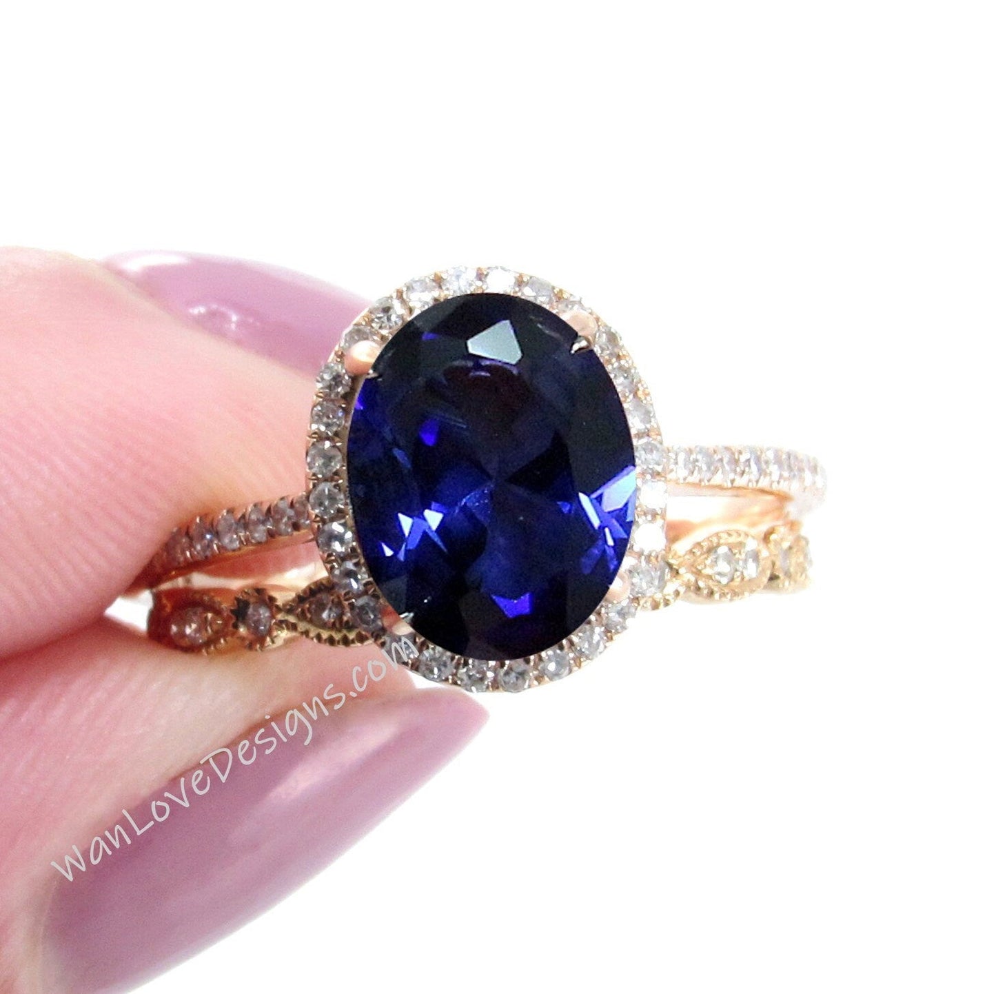 Oval shaped Blue Sapphire Diamond engagement ring set rose gold Halo Unique engagement ring women vintage Half eternity leaf wedding band Wan Love Designs