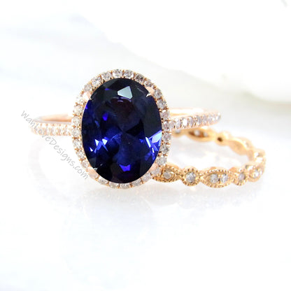 Oval shaped Blue Sapphire Diamond engagement ring set rose gold Halo Unique engagement ring women vintage Half eternity leaf wedding band Wan Love Designs