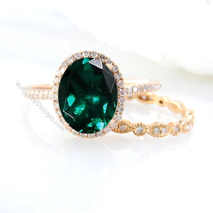 Oval shaped Emerald Diamond engagement ring set rose gold Halo Unique engagement ring women vintage Half eternity leaf wedding band Wan Love Designs