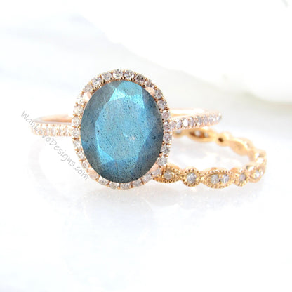 Oval shaped Labradorite Diamond engagement ring set rose gold Halo Unique engagement ring women vintage Half eternity leaf wedding band Wan Love Designs