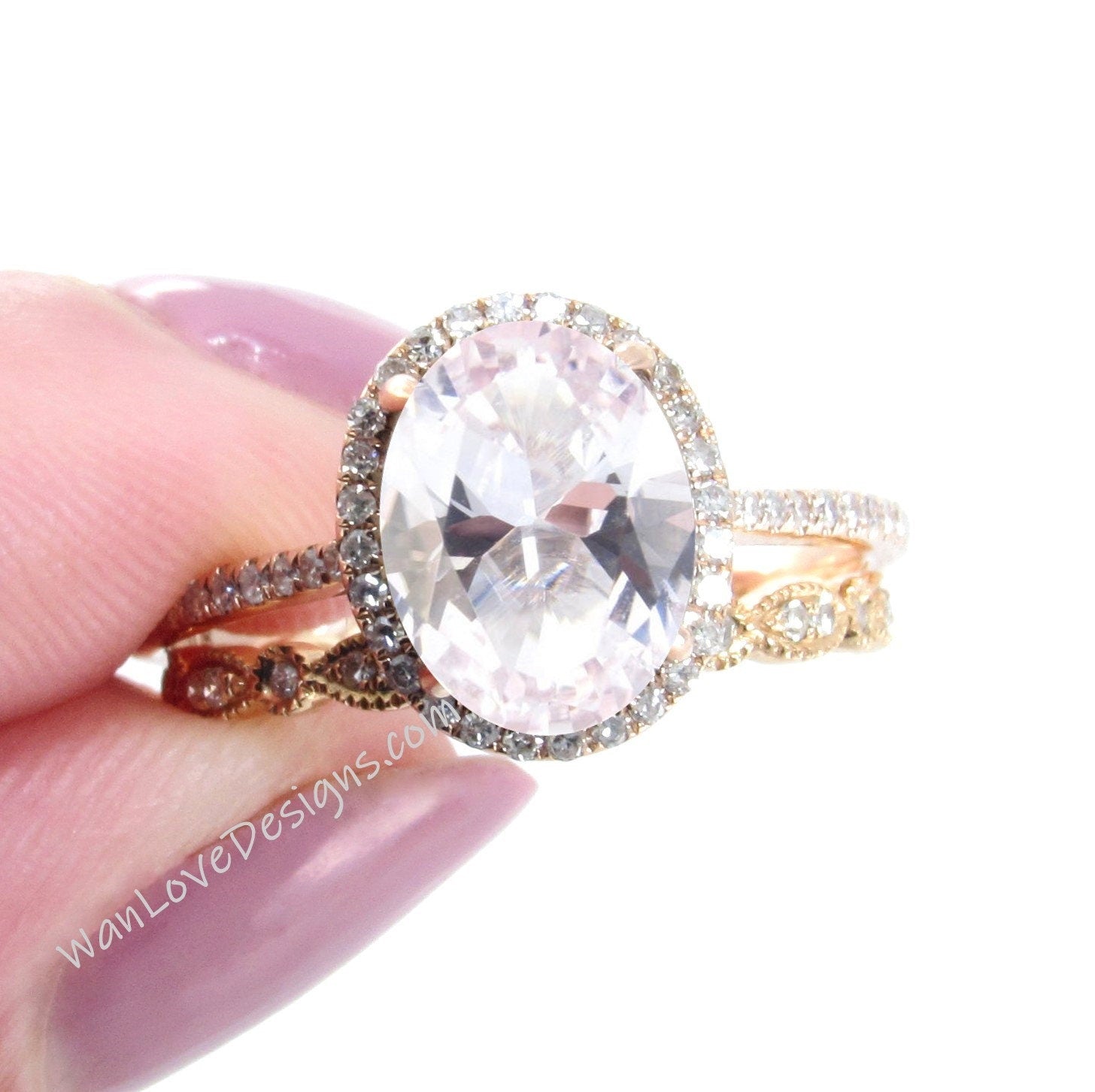 Oval shaped Light Pink Sapphire Diamond engagement ring set rose gold Halo Unique ring women vintage Half eternity leaf wedding band Wan Love Designs