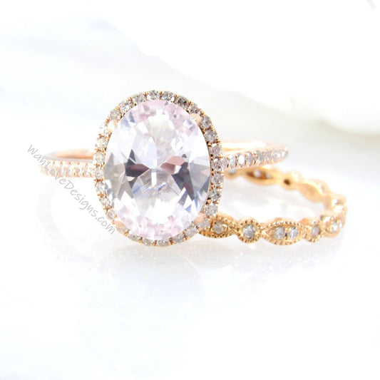 Oval shaped Light Pink Sapphire Diamond engagement ring set rose gold Halo Unique ring women vintage Half eternity leaf wedding band Wan Love Designs