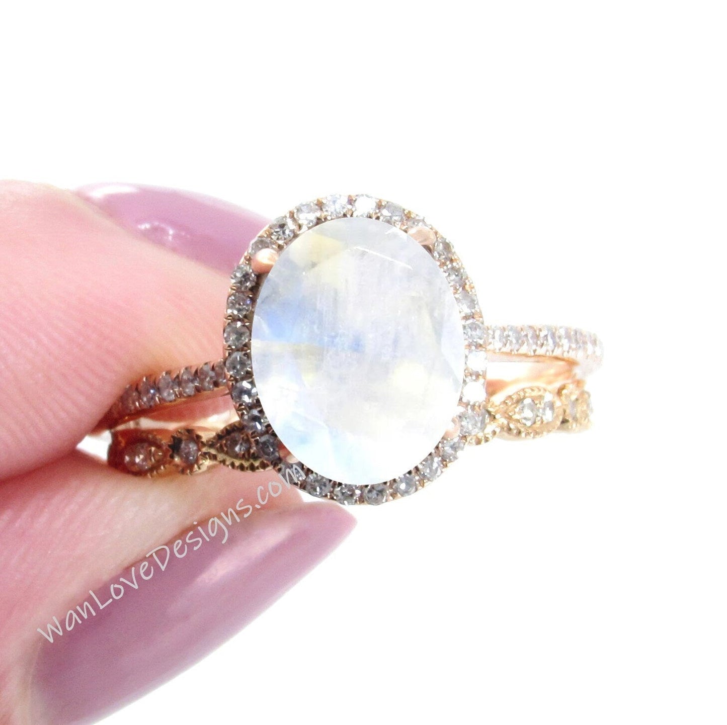 Oval shaped Moonstone Diamond engagement ring set rose gold Halo Unique engagement ring women vintage Half eternity leaf wedding band Wan Love Designs