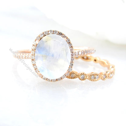 Oval shaped Moonstone Diamond engagement ring set rose gold Halo Unique engagement ring women vintage Half eternity leaf wedding band Wan Love Designs