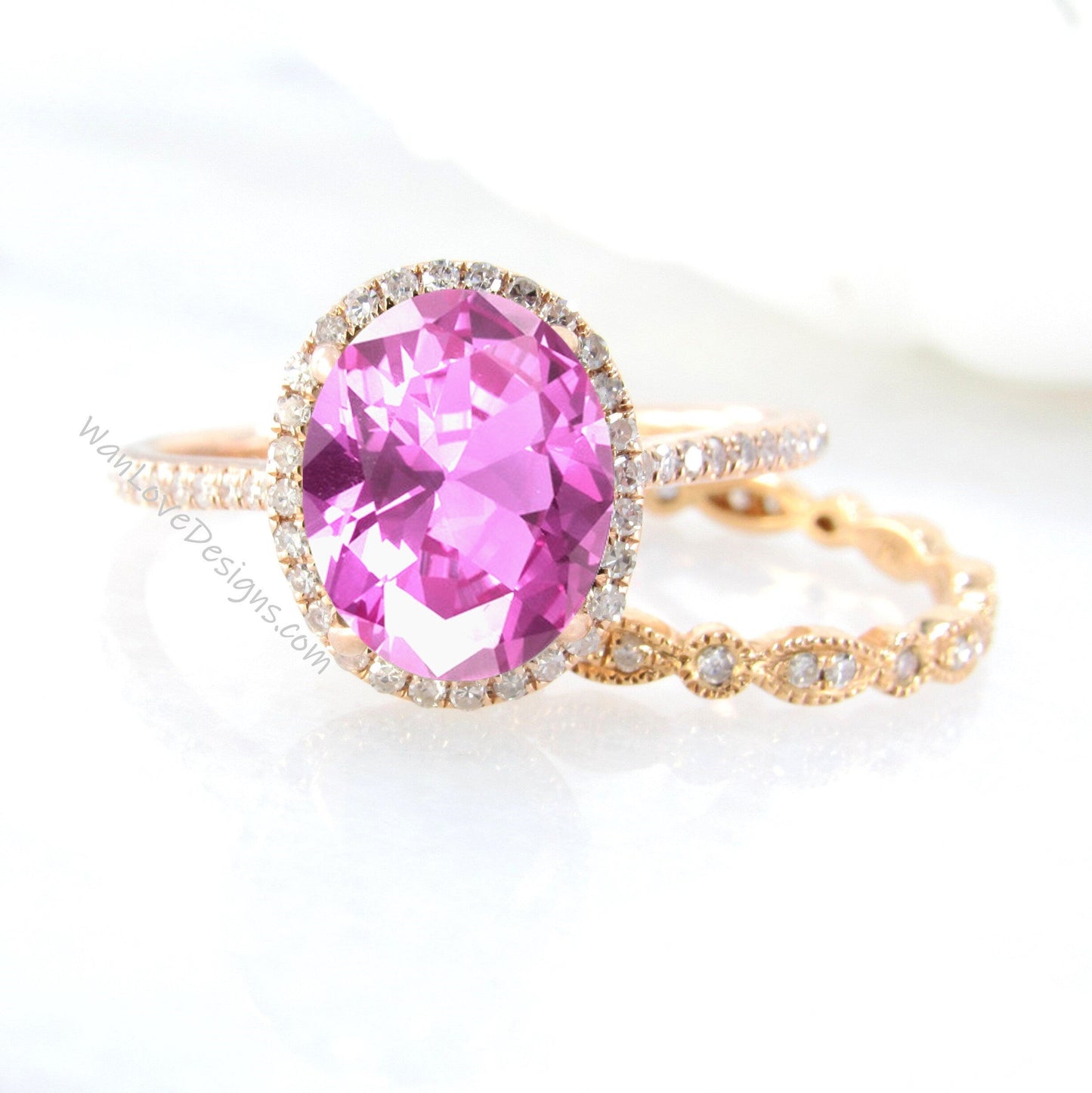 Oval shaped Pink Sapphire Diamond engagement ring set rose gold Halo Unique engagement ring women vintage Half eternity leaf wedding band Wan Love Designs