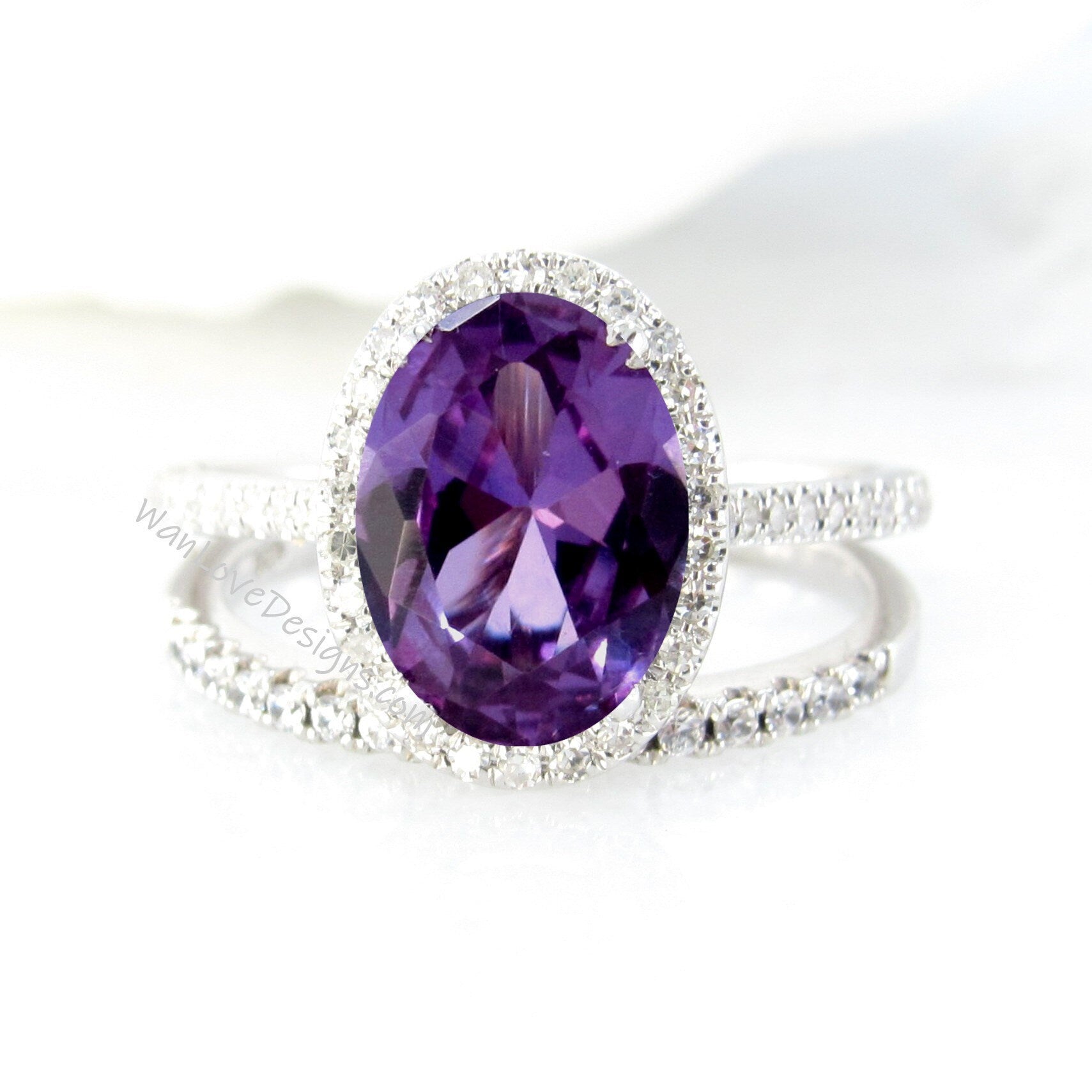 Oval shaped Purple Sapphire Alexandrite Diamond engagement ring set rose gold Halo Unique ring women vintage Half eternity leaf wedding band Wan Love Designs