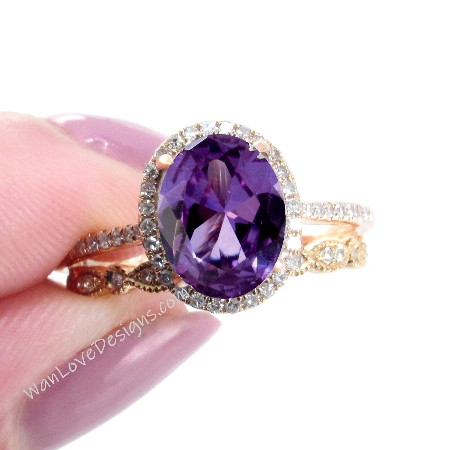 Oval shaped Purple Sapphire Alexandrite Diamond engagement ring set rose gold Halo Unique ring women vintage Half eternity leaf wedding band Wan Love Designs