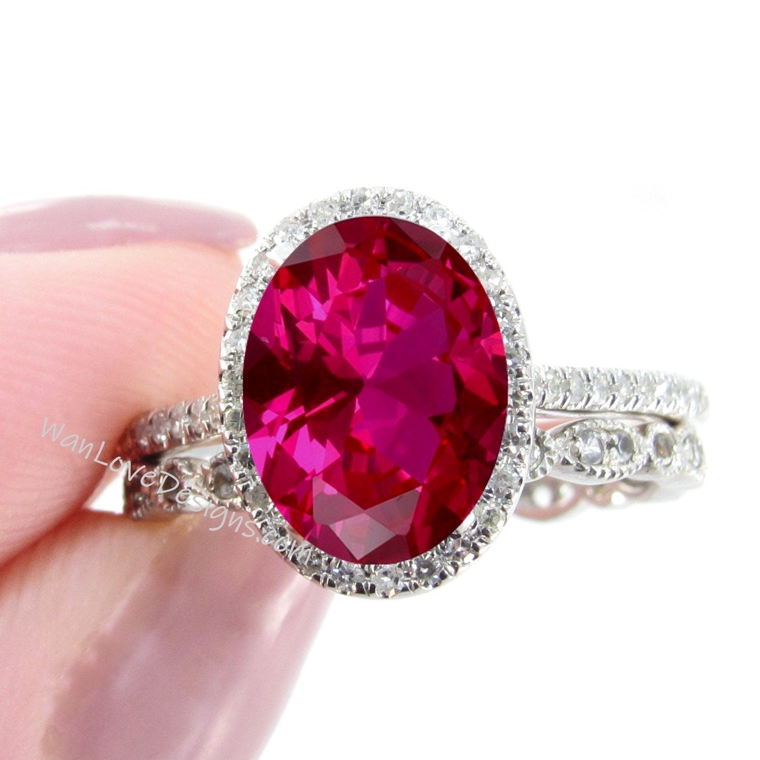 Oval shaped Ruby Diamond engagement ring set rose gold Halo Unique engagement ring women vintage Half eternity leaf Milgrain wedding band Wan Love Designs