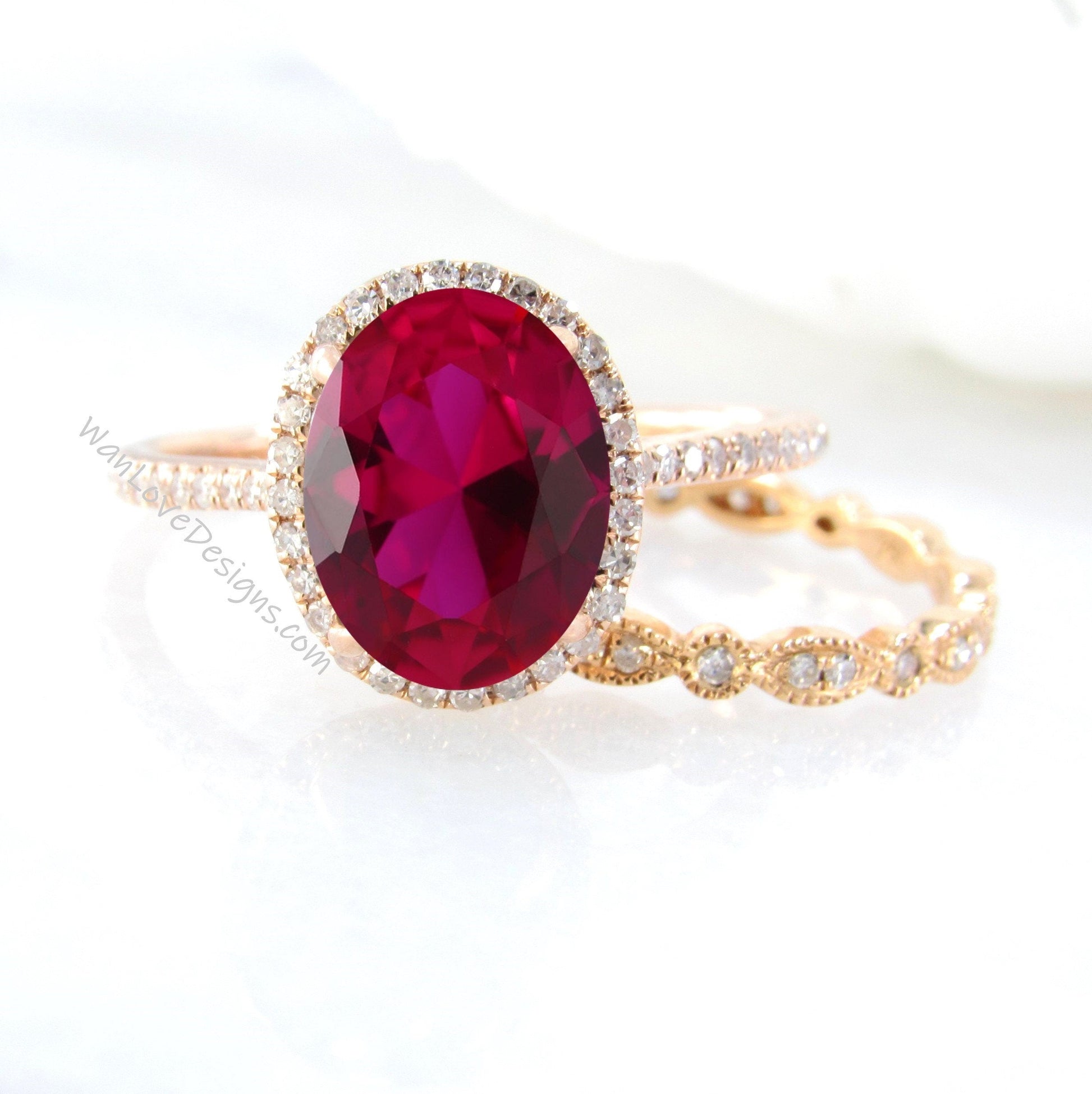 Oval shaped Ruby Diamond engagement ring set rose gold Halo Unique engagement ring women vintage Half eternity leaf Milgrain wedding band Wan Love Designs